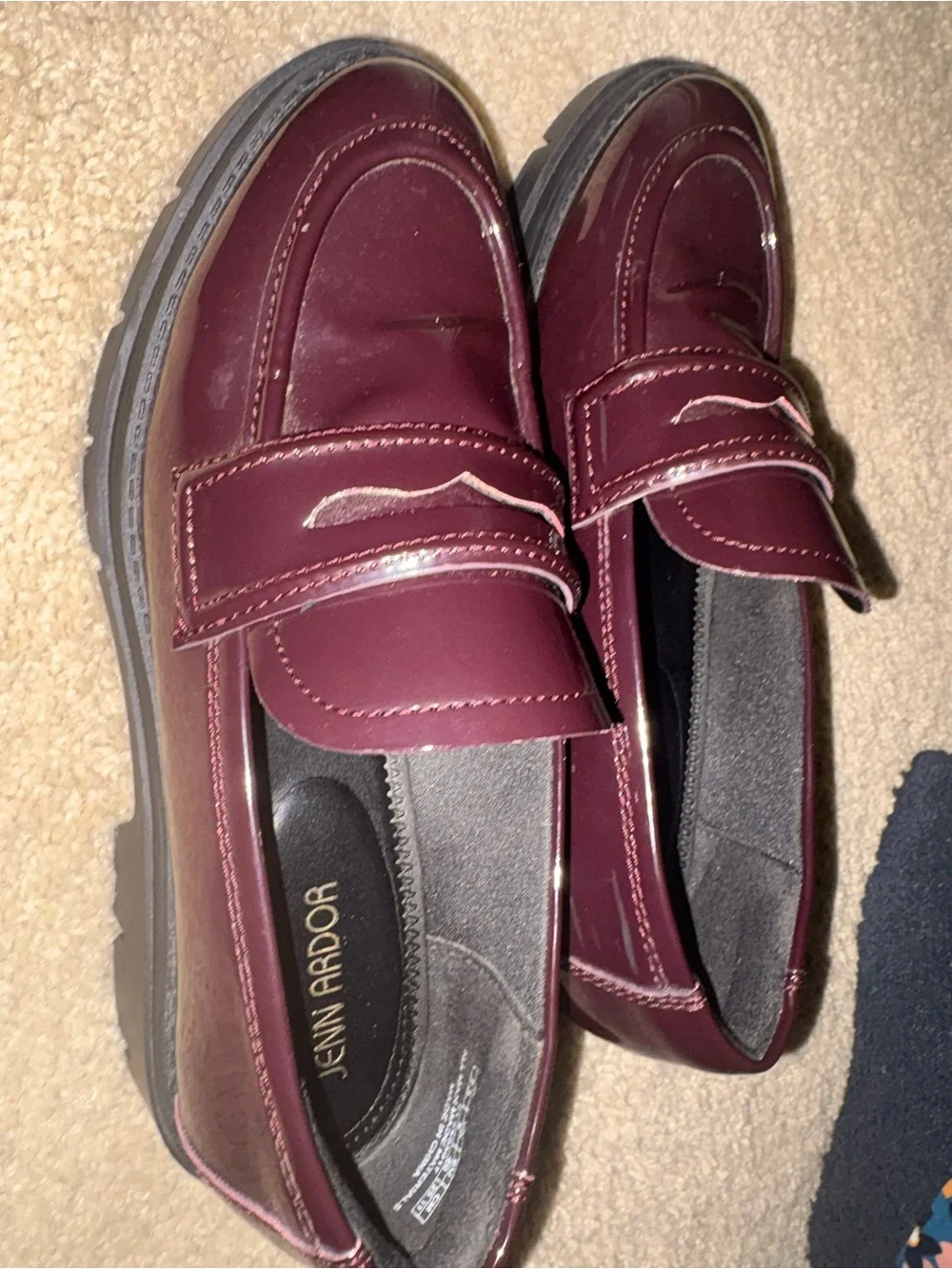 Jenn Ardor Glossy Wine-Colored Patent Leather Penny Loafers